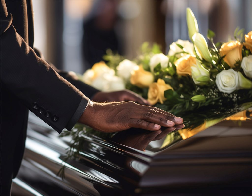 Person putting hands on casket